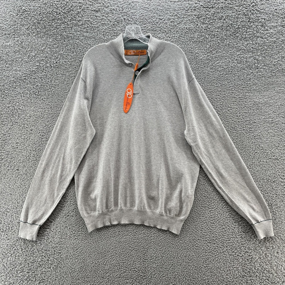 Bianco Brioni Sweater Mens XL Gray Cotton Mock Neck Henley Knit Elbow Patch